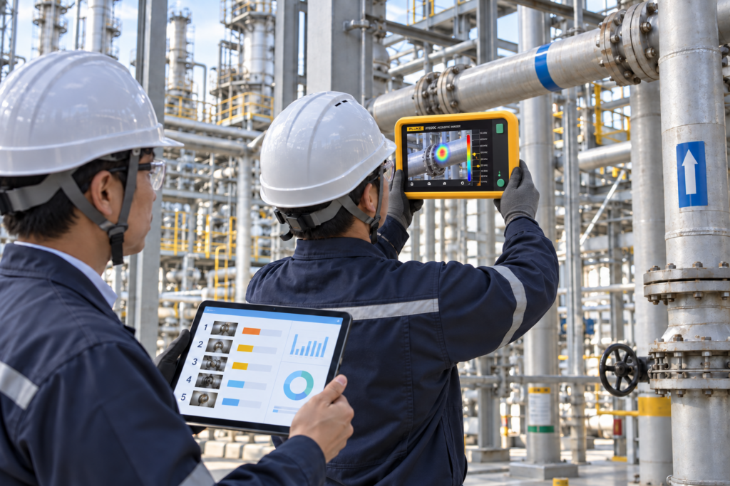 高性能なFluke ii1020Cを使用して工場全体のエア漏れを調査するイメージ