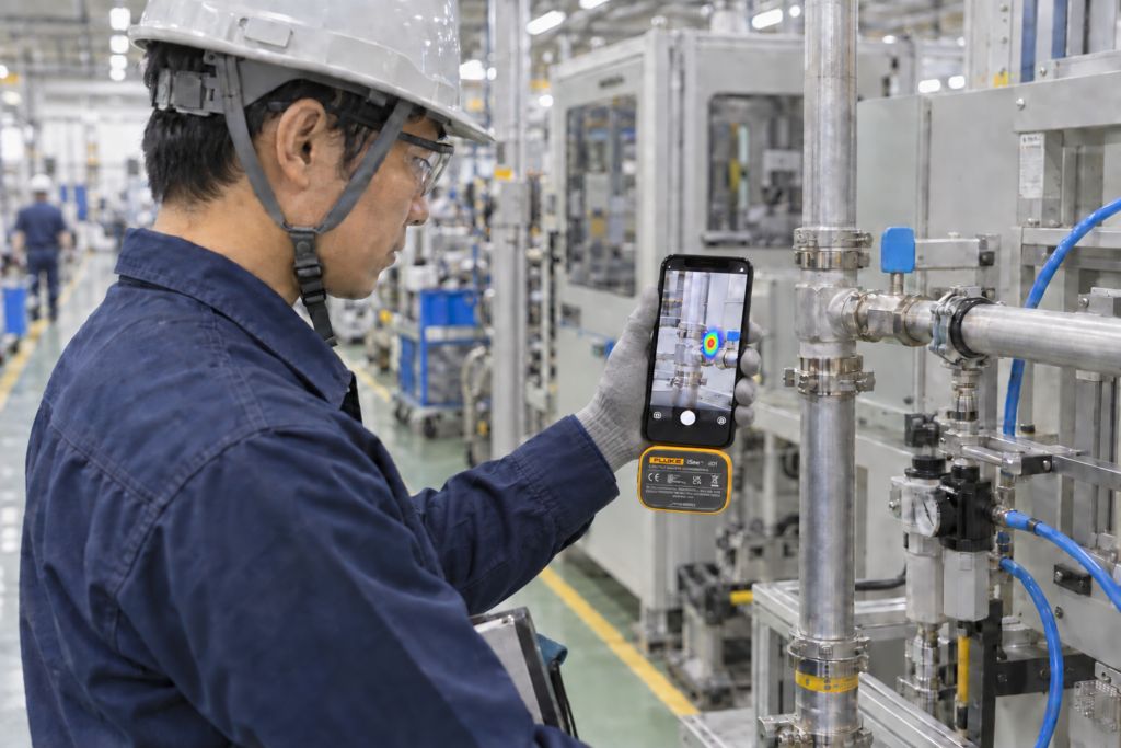 Fluke ii01をスマートフォンに接続してエア漏れの日常点検を行うイメージ